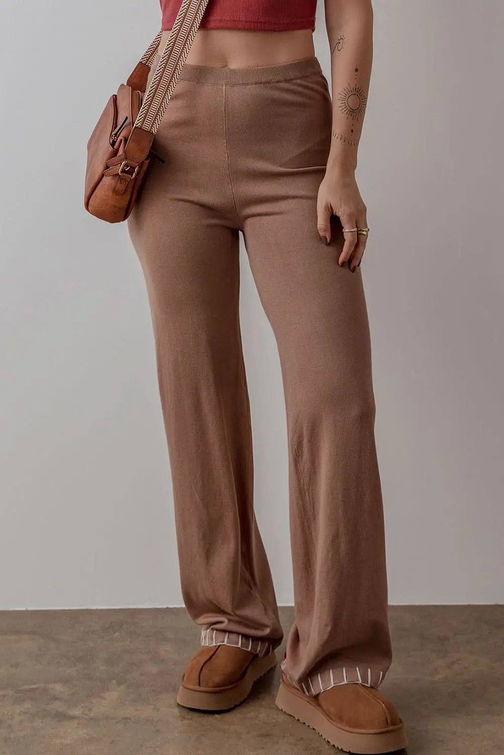 Straw Yellow High Waist Straight Leg Knitted Pants - Love Salve